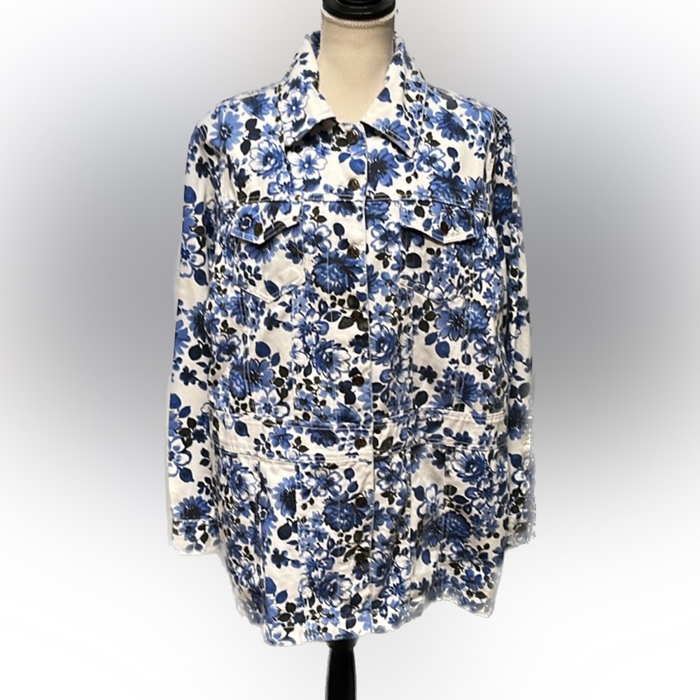Roaman’s Blue & White Floral Denim Jacket 16W